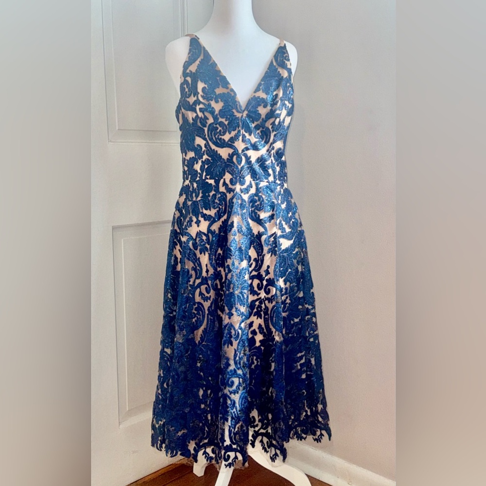 Dress the Population Navy Blue with Sequined Lace A-Line Cocktail Dress